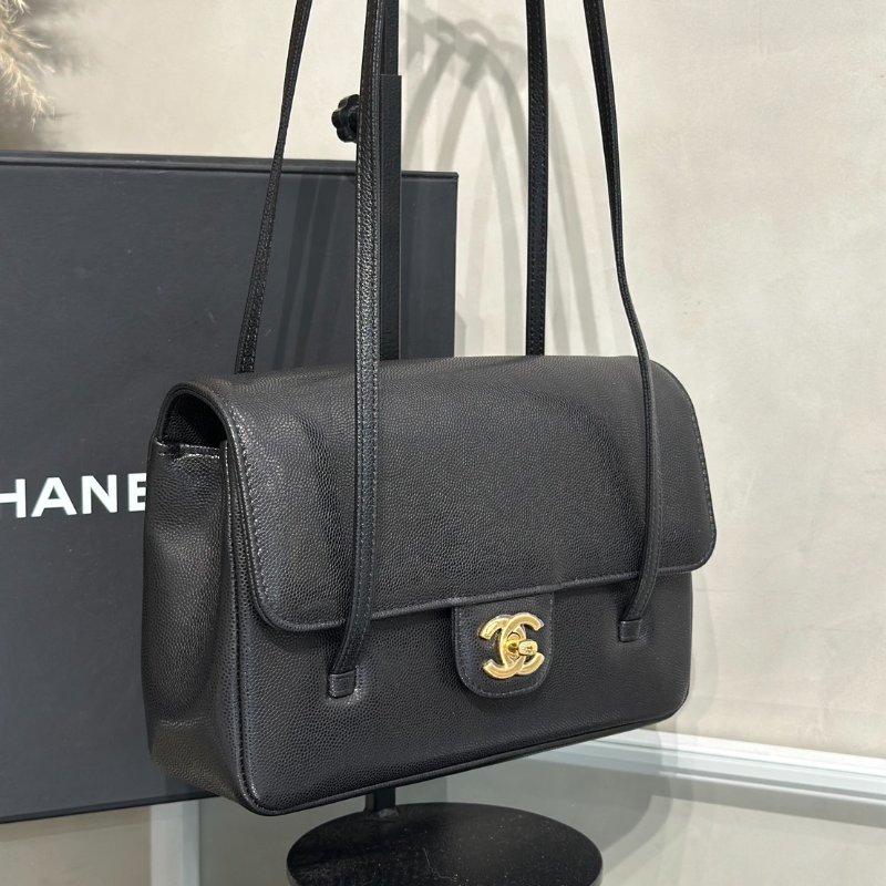 CHANEL 26P Preppy coco粒面牛皮單肩包 - 小號黑金-2