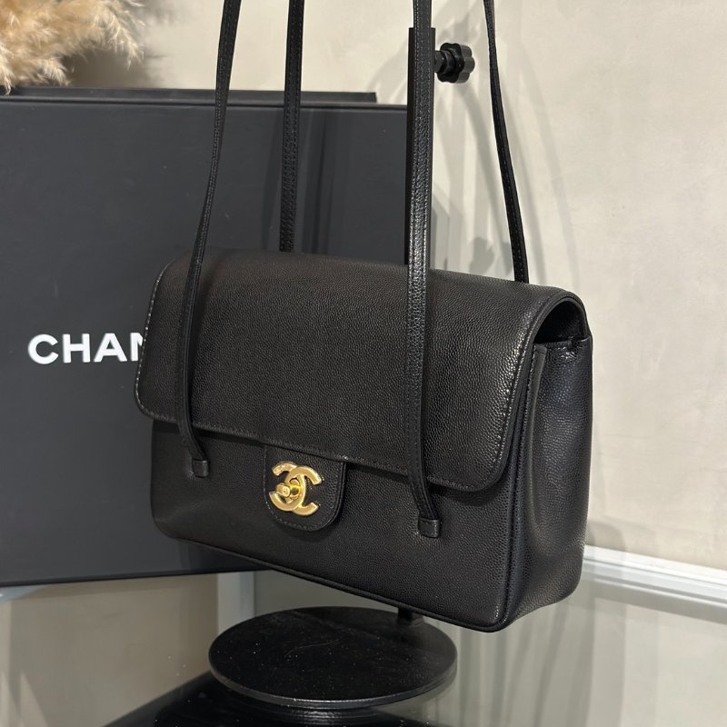 CHANEL 26P Preppy coco粒面牛皮單肩包 - 小號黑金-3