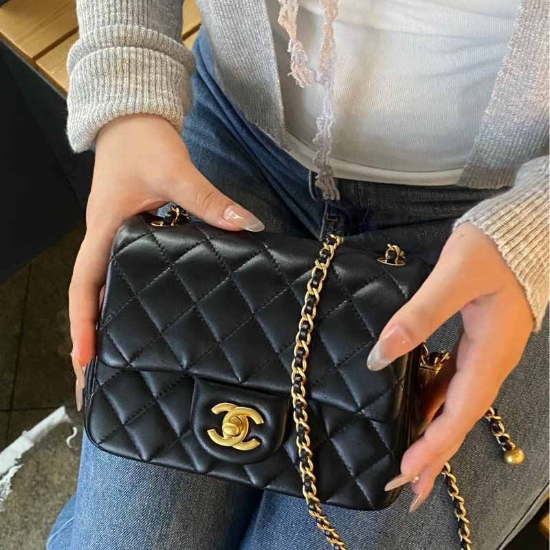 CHANEL香奈兒CF 黑金羊皮🌕金球方胖子-1