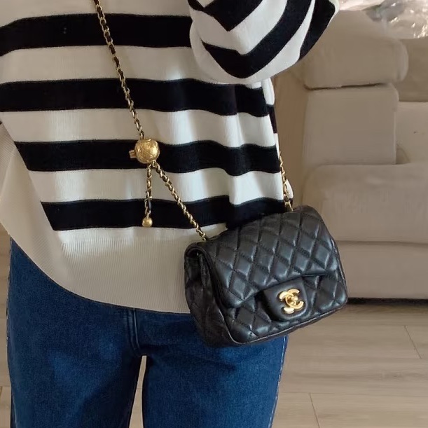 CHANEL香奈兒CF 黑金羊皮🌕金球方胖子-5