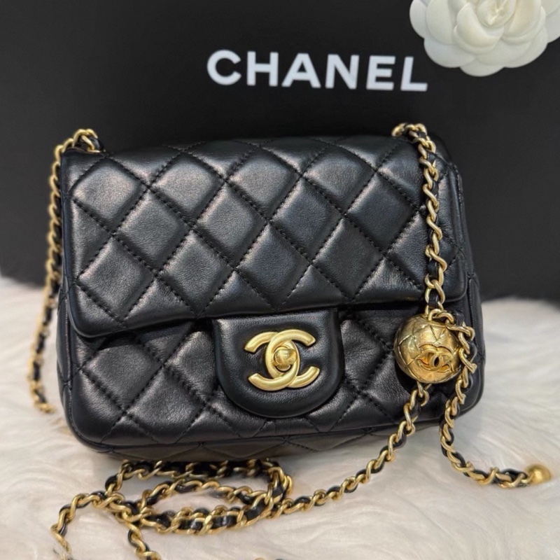 CHANEL香奈兒CF 黑金羊皮🌕金球方胖子-9