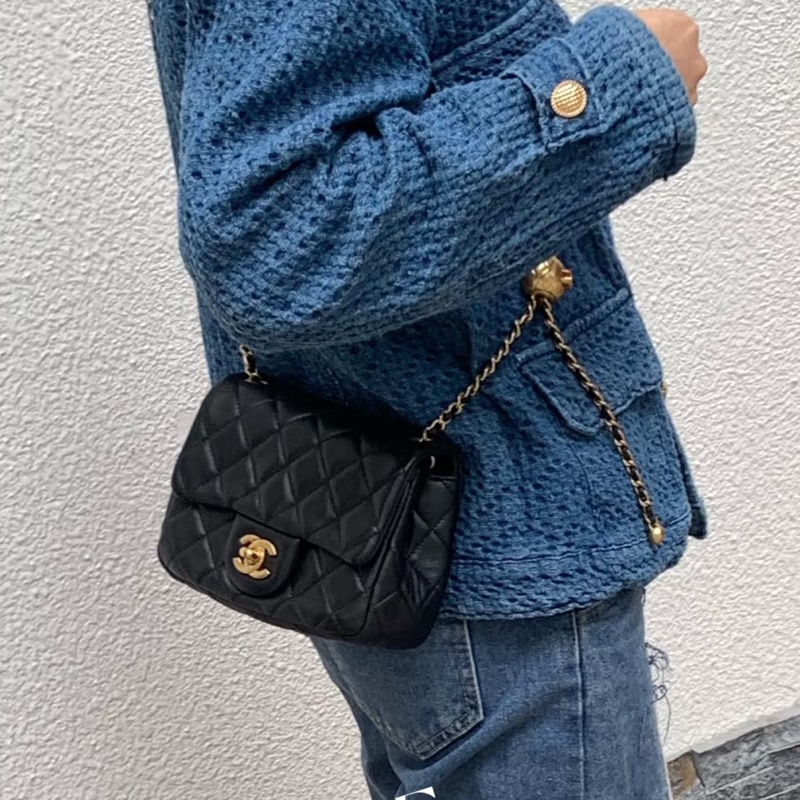 CHANEL香奈兒CF 黑金羊皮🌕金球方胖子-26