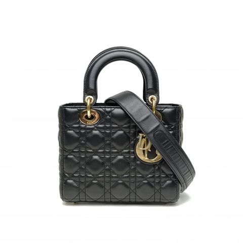 DIOR LadyDior戴妃包四格黑色羊皮金扣2018