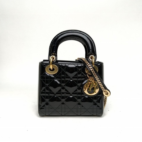 DIOR LadyDior戴妃包三格黑色漆皮金扣2018