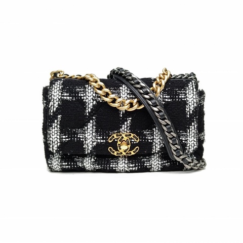 CHANEL 19BAG口蓋包小號黑白千鳥格毛呢30開金銀扣
