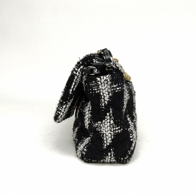 CHANEL 19BAG口蓋包小號黑白千鳥格毛呢30開金銀扣-1