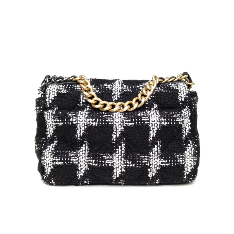 CHANEL 19BAG口蓋包小號黑白千鳥格毛呢30開金銀扣-2