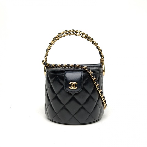 CHANEL 23C手柄圓桶化妝包黑色羊皮鐳射標金扣雙皮穿鏈