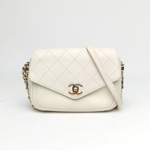 CHANEL 19S拼色鏈條鴛鴦扣信封郵差包白色牛皮27開金銀扣