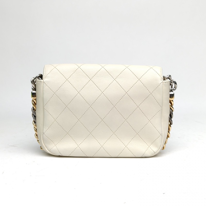 CHANEL 19S拼色鏈條鴛鴦扣信封郵差包白色牛皮27開金銀扣-2