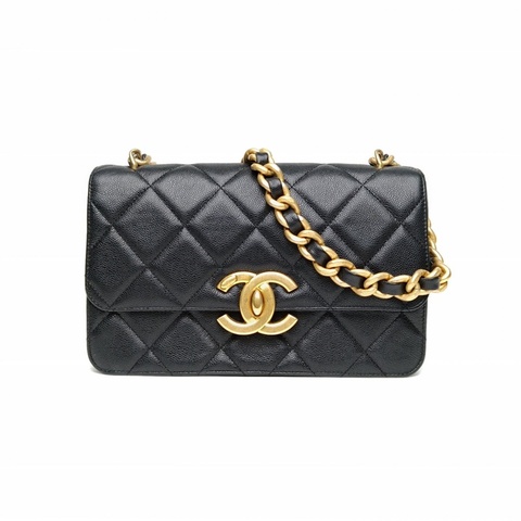 CHANEL 24ACF口蓋包大雙C粗鏈條黑色荔枝牛皮晶片