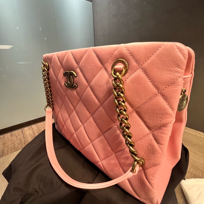 Chanel  經典菱格紋粉紅手提肩背包-2