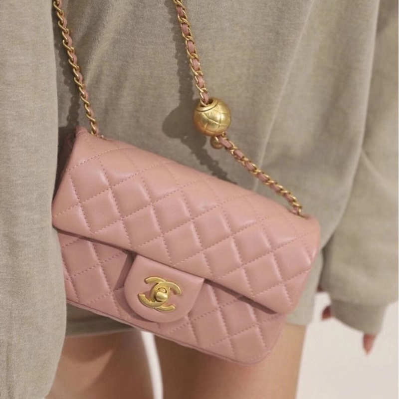春天少女感💕Chanel香奈兒玫瑰少女粉金菱格紋cf大mini金球單肩斜挎包-0