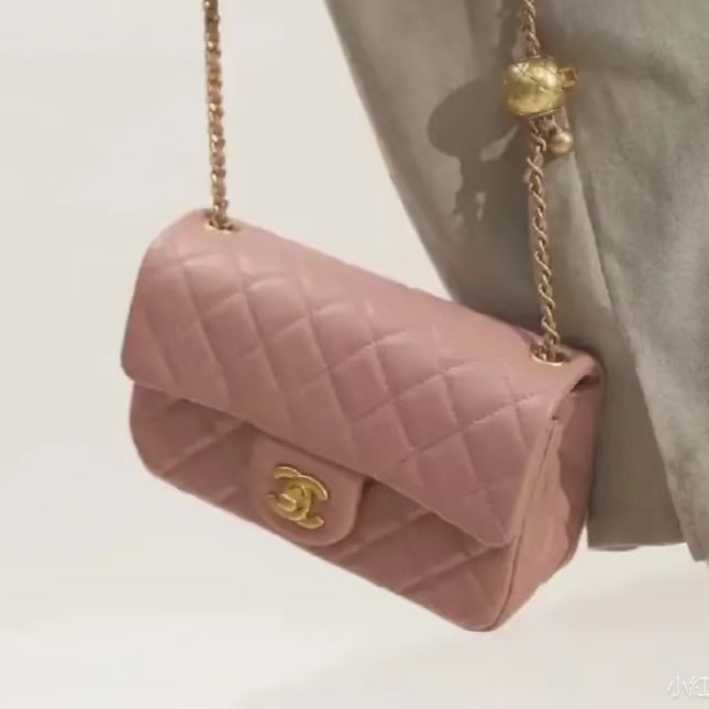 春天少女感💕Chanel香奈兒玫瑰少女粉金菱格紋cf大mini金球單肩斜挎包-2