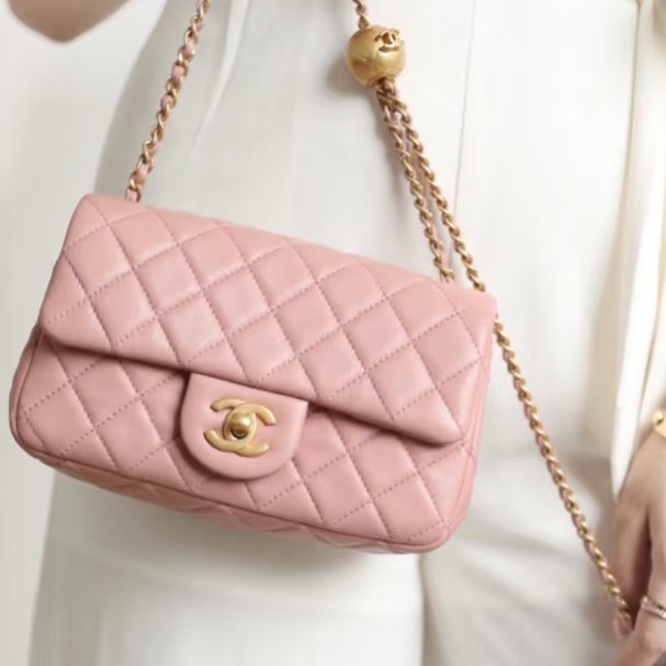 春天少女感💕Chanel香奈兒玫瑰少女粉金菱格紋cf大mini金球單肩斜挎包-3