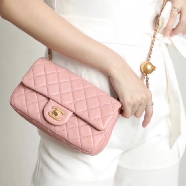 春天少女感💕Chanel香奈兒玫瑰少女粉金菱格紋cf大mini金球單肩斜挎包-5