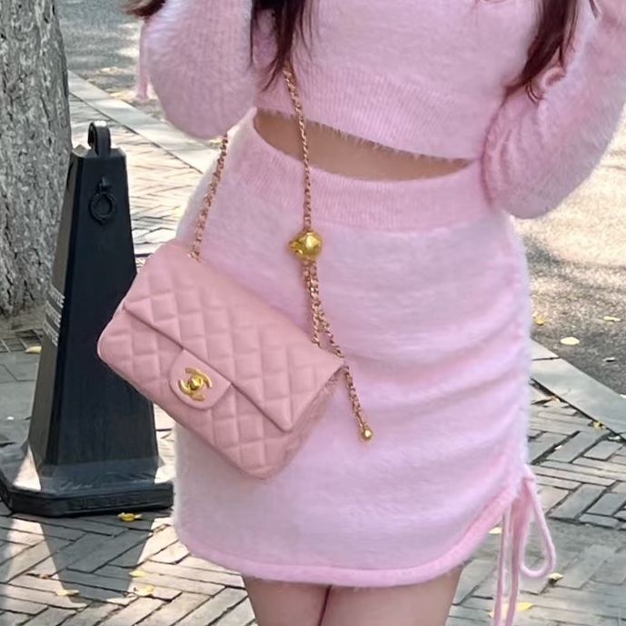 春天少女感💕Chanel香奈兒玫瑰少女粉金菱格紋cf大mini金球單肩斜挎包-6