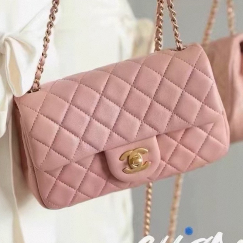 春天少女感💕Chanel香奈兒玫瑰少女粉金菱格紋cf大mini金球單肩斜挎包-7
