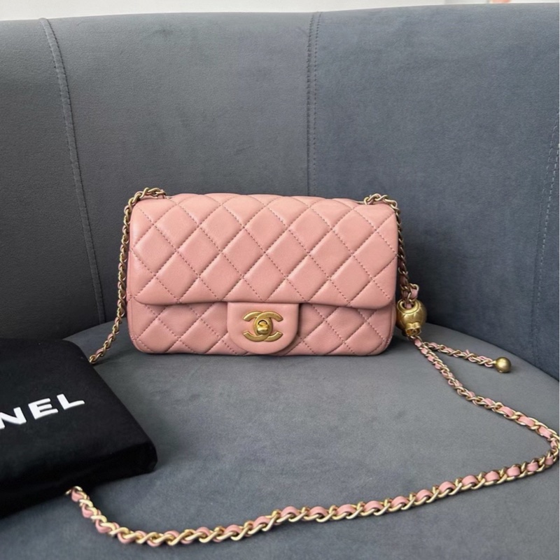 春天少女感💕Chanel香奈兒玫瑰少女粉金菱格紋cf大mini金球單肩斜挎包-8