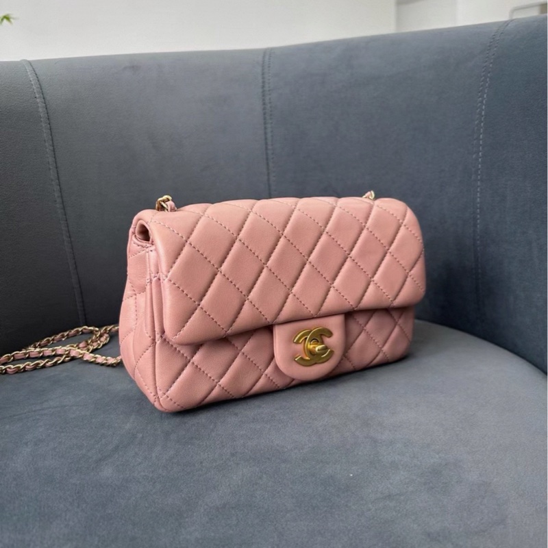 春天少女感💕Chanel香奈兒玫瑰少女粉金菱格紋cf大mini金球單肩斜挎包-9