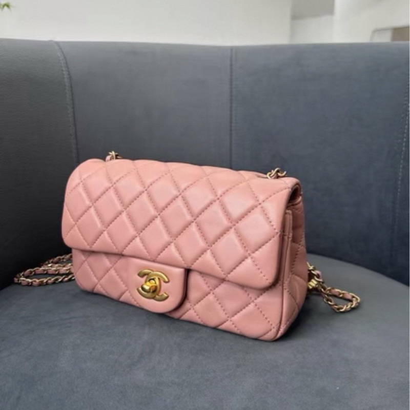 春天少女感💕Chanel香奈兒玫瑰少女粉金菱格紋cf大mini金球單肩斜挎包-10