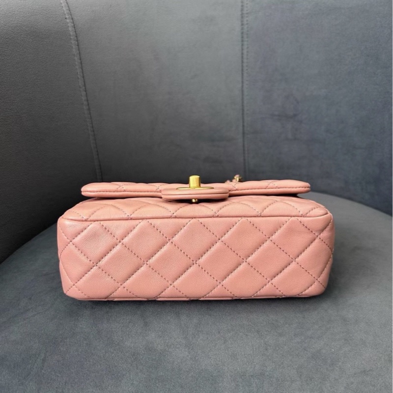 春天少女感💕Chanel香奈兒玫瑰少女粉金菱格紋cf大mini金球單肩斜挎包-12