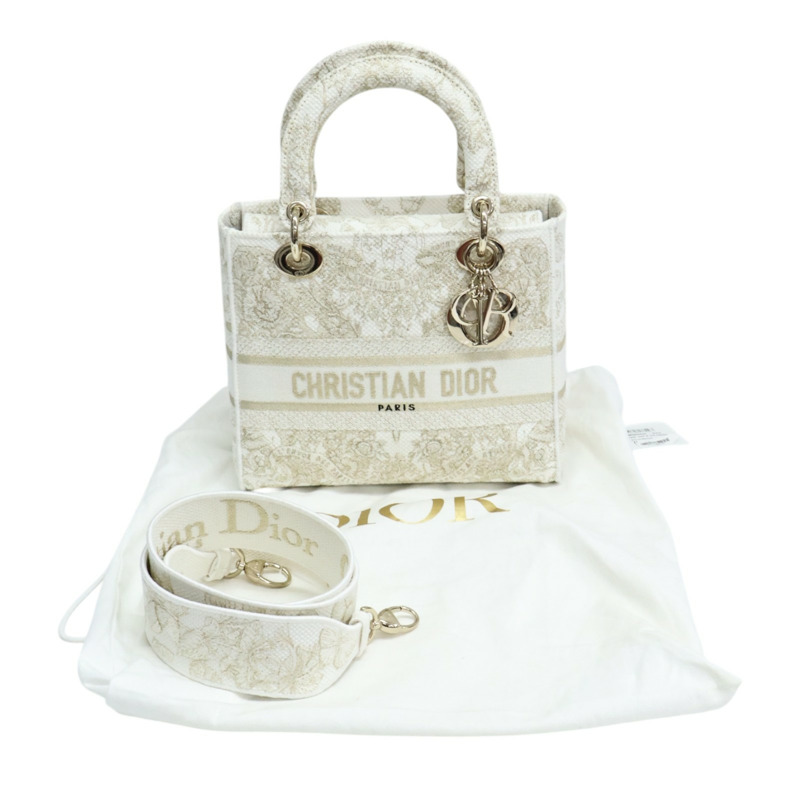 白色 帆布 金色線繡 Lady D-Lite 兩用包【Dior 迪奧】 M0565OESV-10