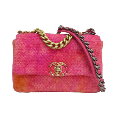 桃粉色 毛呢 CHANEL 19 26cm 肩背包 金釦【CHANEL 香奈兒】 AS1160