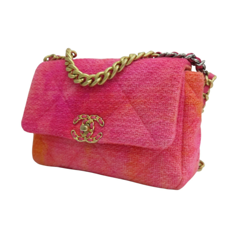 桃粉色 毛呢 CHANEL 19 26cm 肩背包 金釦【CHANEL 香奈兒】 AS1160-2