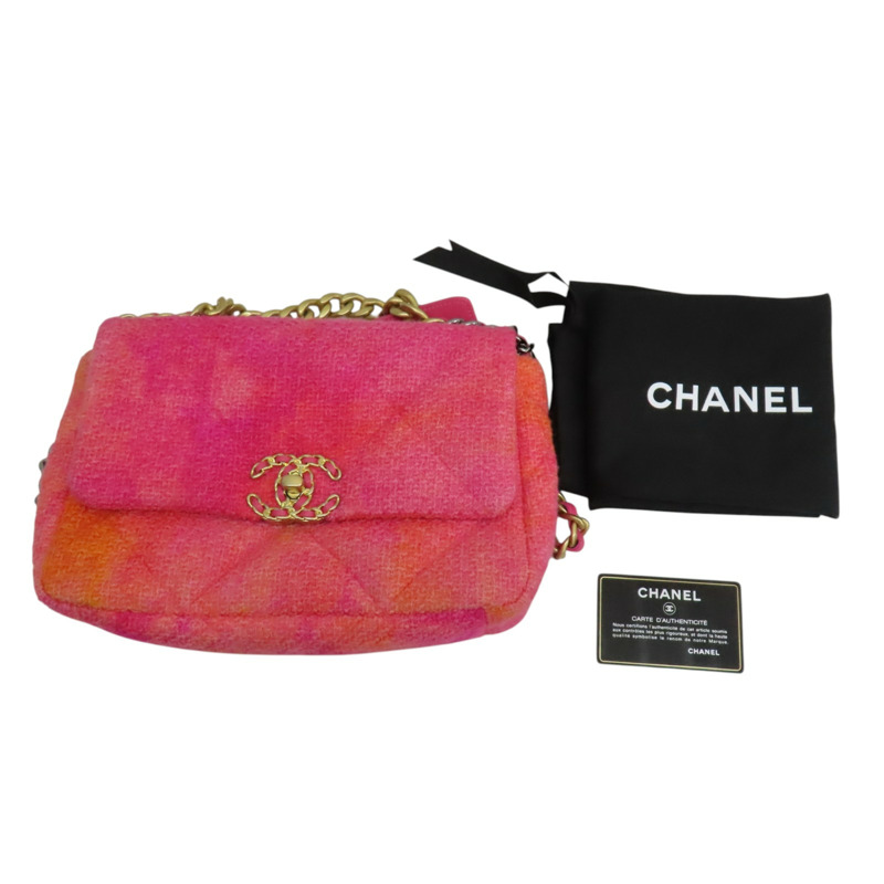 桃粉色 毛呢 CHANEL 19 26cm 肩背包 金釦【CHANEL 香奈兒】 AS1160-11