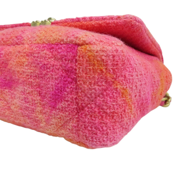 桃粉色 毛呢 CHANEL 19 26cm 肩背包 金釦【CHANEL 香奈兒】 AS1160-13