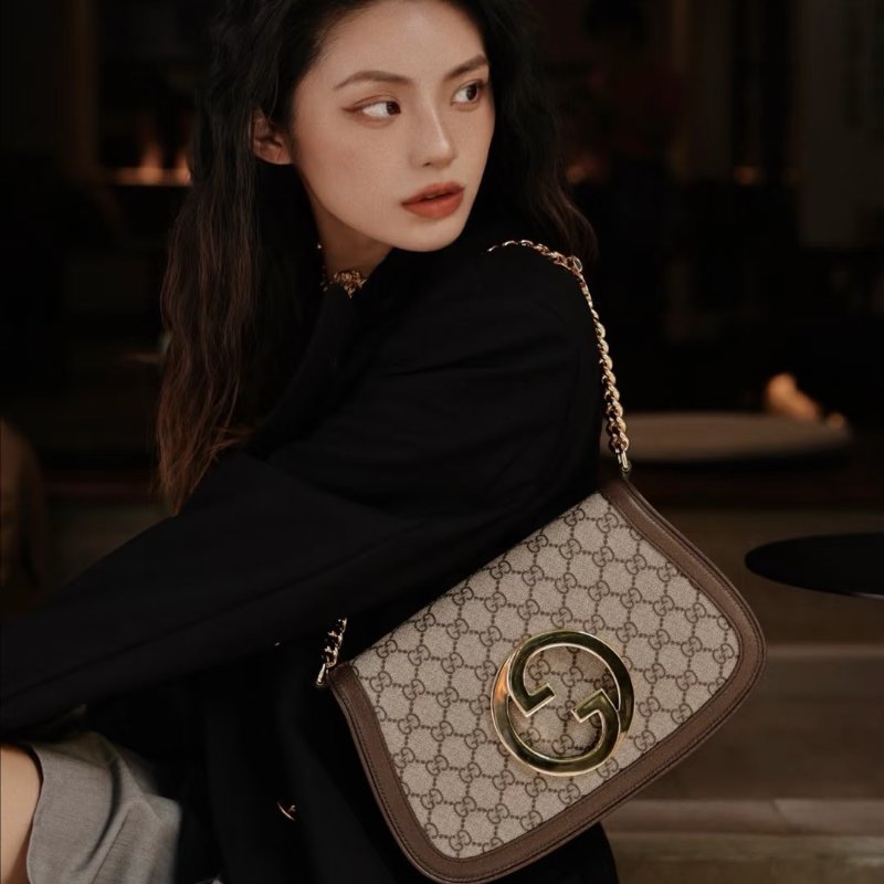 Gucci Blondie系列老花雙G鏈條包 28x 16x 4cm  99新配件肩帶塵袋-0