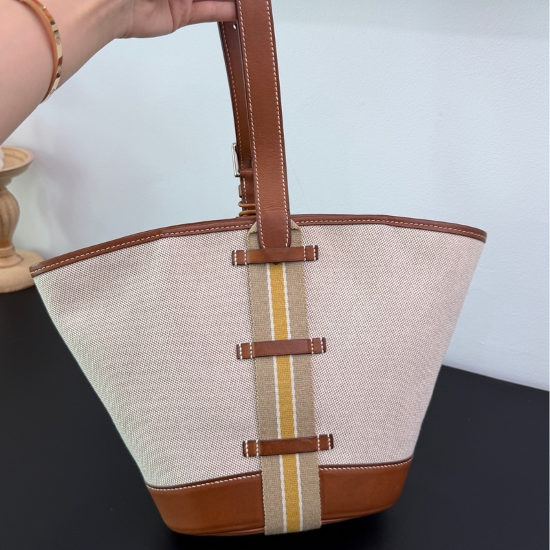 Hermes 愛馬仕菜籃子vintage馬鞍皮拼帆布-3