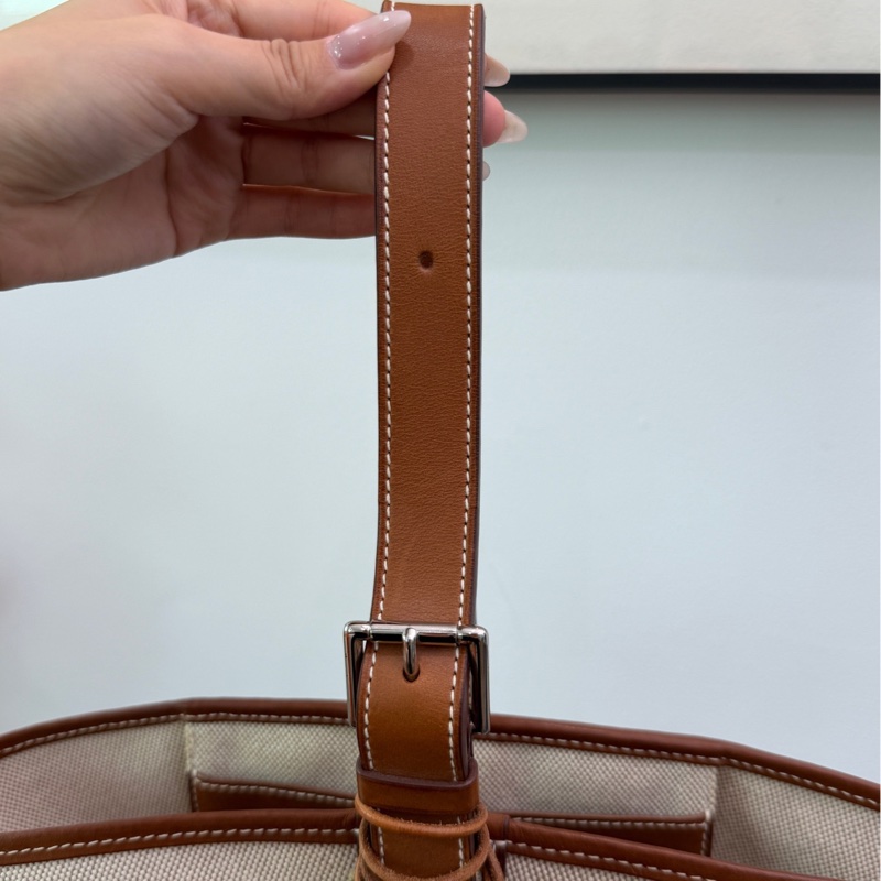 Hermes 愛馬仕菜籃子vintage馬鞍皮拼帆布-5