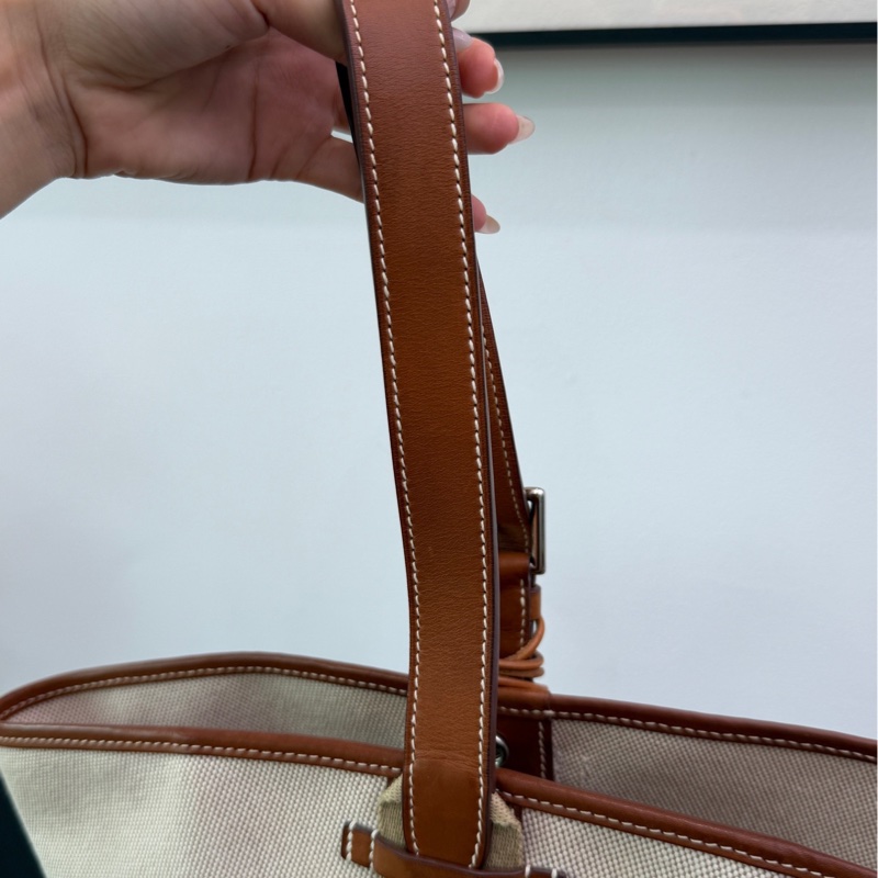 Hermes 愛馬仕菜籃子vintage馬鞍皮拼帆布-7