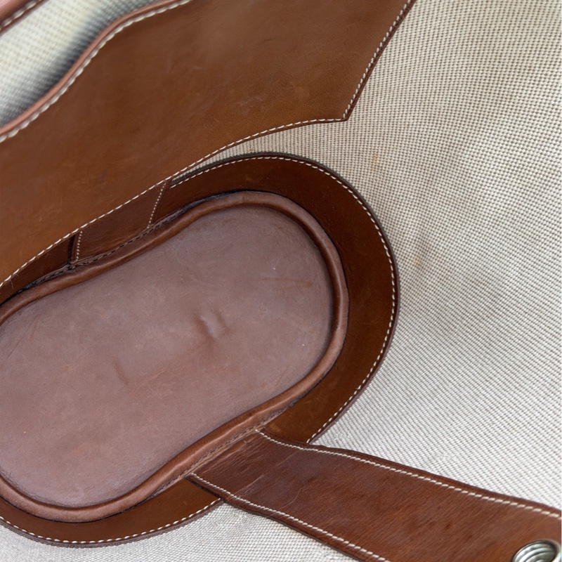 Hermes 愛馬仕菜籃子vintage馬鞍皮拼帆布-8