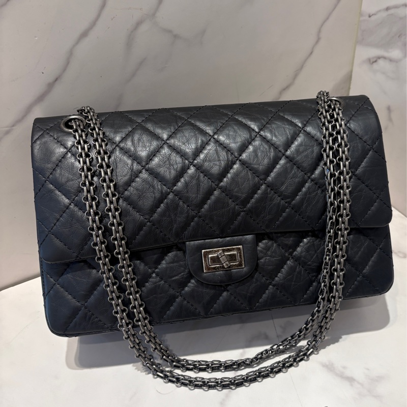 CHANEL黑全皮復古銀扣2.55 包28cm-5