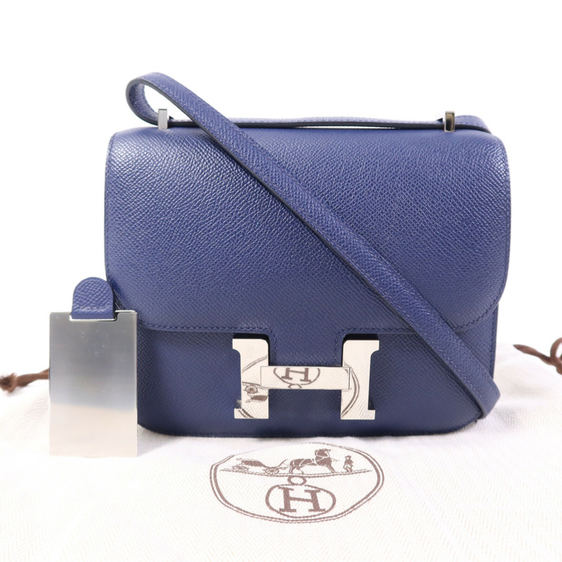 HERMES Epsom皮革Constance Mini銀扣肩背袋Bleu Saphir-9