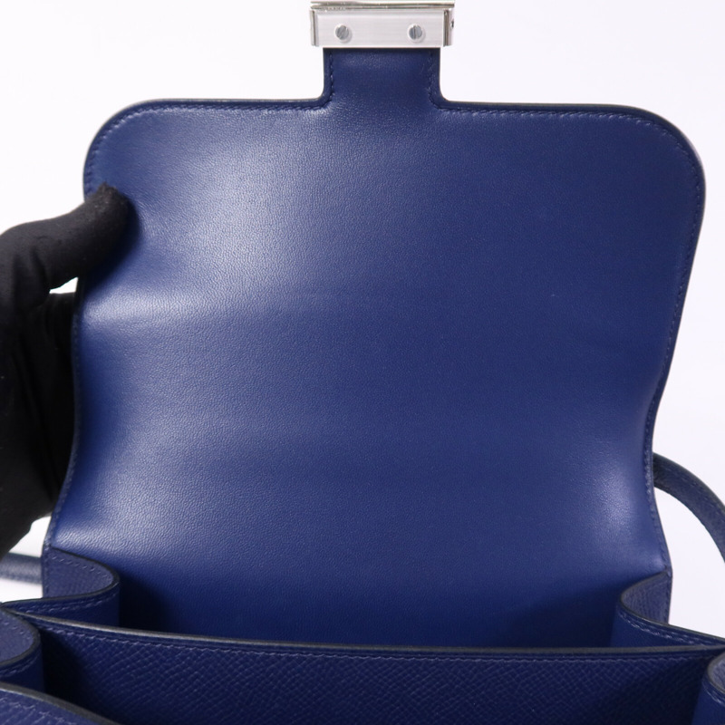 HERMES Epsom皮革Constance Mini銀扣肩背袋Bleu Saphir-14