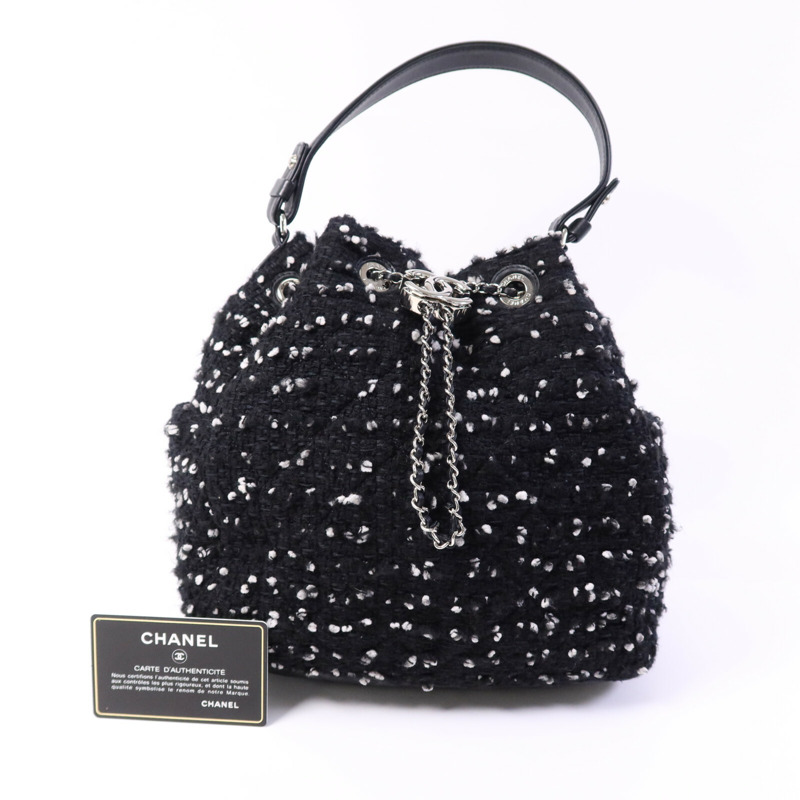 CHANEL Tweed Drawsting Bag銀扣手挽袋-9