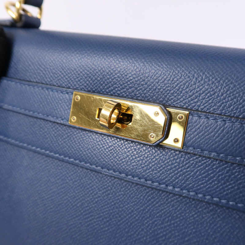 HERMES Epsom皮革Kelly 28金扣手挽肩背兩用袋Deep Bleu-6