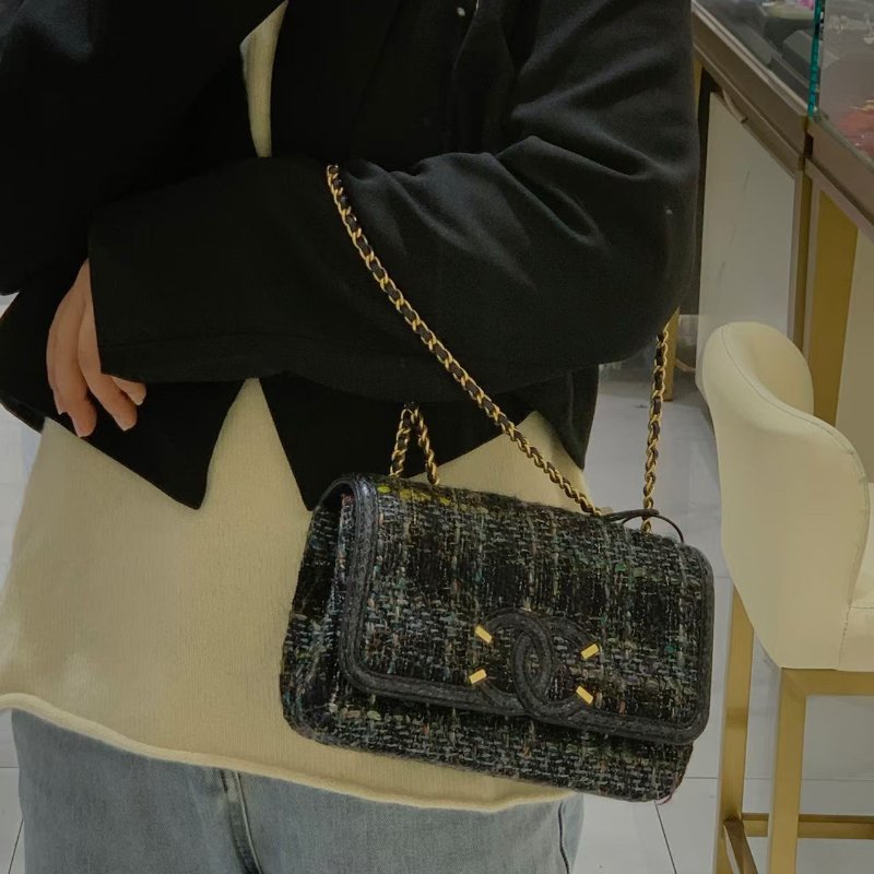 Chanel Vanity Case粗毛呢拼蛇皮藍色 金扣 粗毛呢22*14*5 98新配件塵袋-1