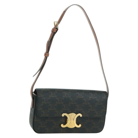 CELINE Triomphe帆布Claude單肩包 PVC深棕色金色 正品 BAZ248SAM