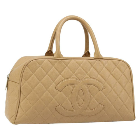 香奈兒 (CHANEL) 絎縫手提包 魚子醬紋牛皮 棕色 金色 CC 標誌 Auth BAZ252A