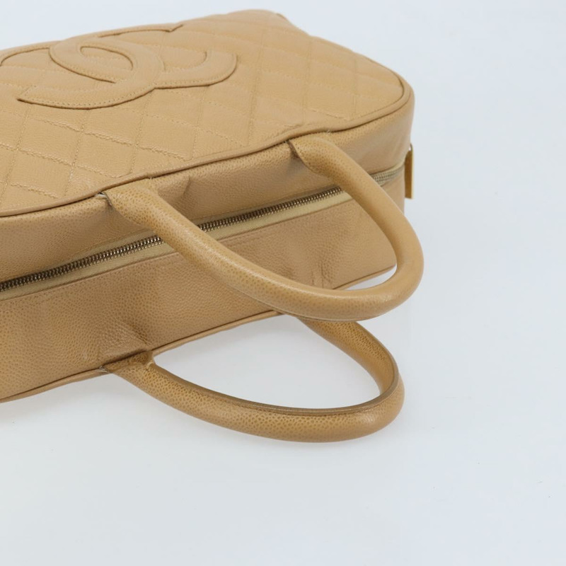 【日本直送】香奈兒 (CHANEL) 絎縫手提包 魚子醬紋牛皮 棕色 金色 CC 標誌 Auth BAZ252A-6