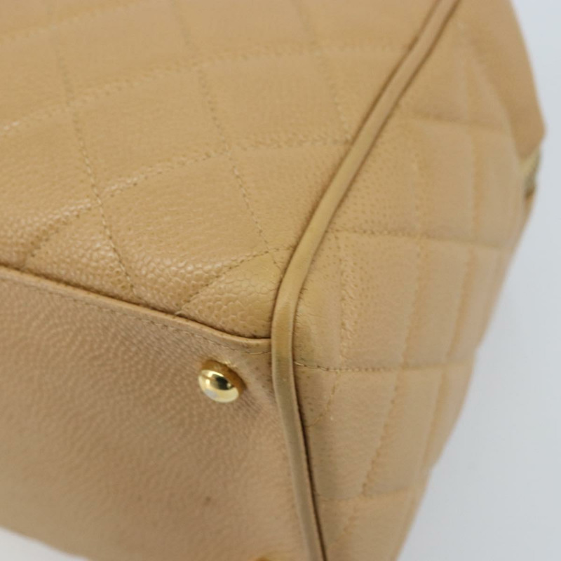 【日本直送】香奈兒 (CHANEL) 絎縫手提包 魚子醬紋牛皮 棕色 金色 CC 標誌 Auth BAZ252A-8