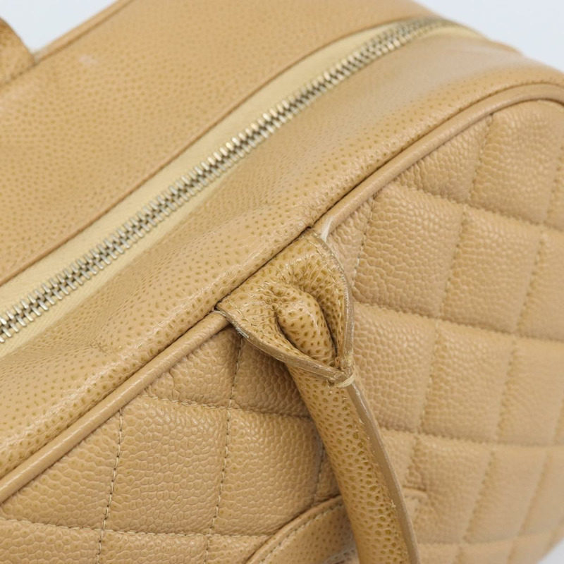 【日本直送】香奈兒 (CHANEL) 絎縫手提包 魚子醬紋牛皮 棕色 金色 CC 標誌 Auth BAZ252A-9