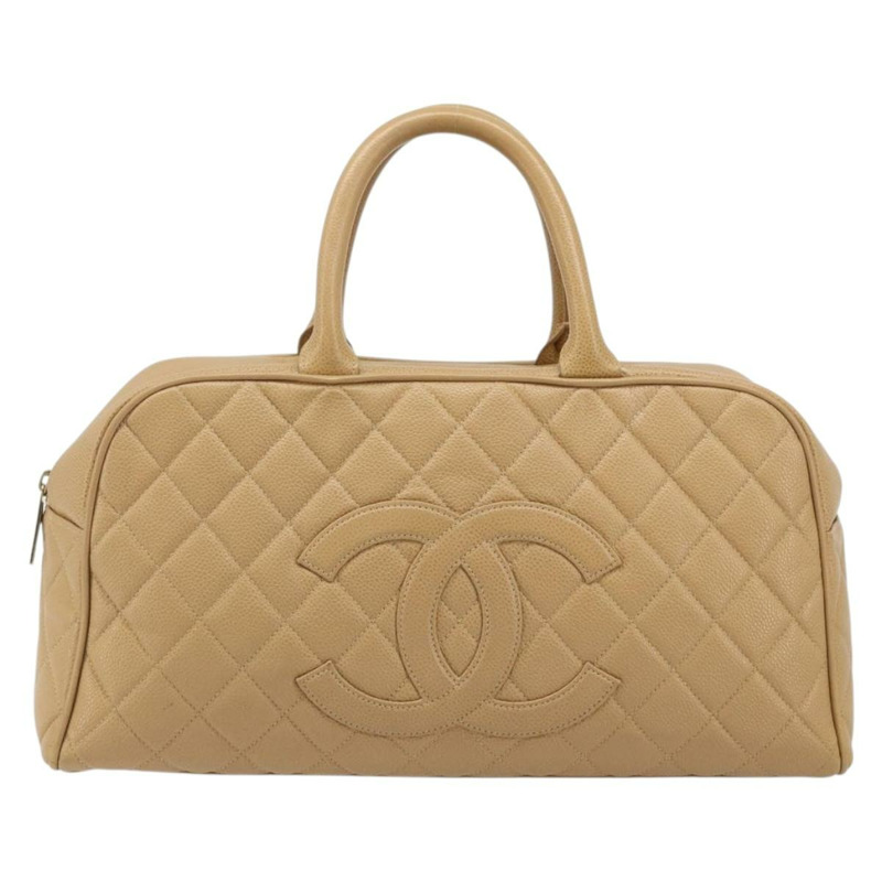 【日本直送】香奈兒 (CHANEL) 絎縫手提包 魚子醬紋牛皮 棕色 金色 CC 標誌 Auth BAZ252A-12