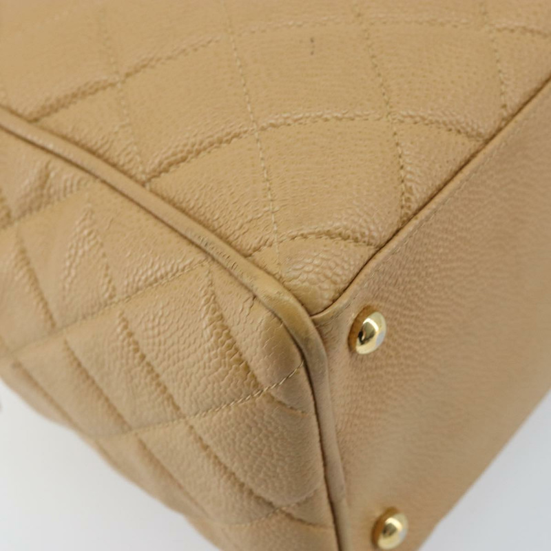 【日本直送】香奈兒 (CHANEL) 絎縫手提包 魚子醬紋牛皮 棕色 金色 CC 標誌 Auth BAZ252A-13