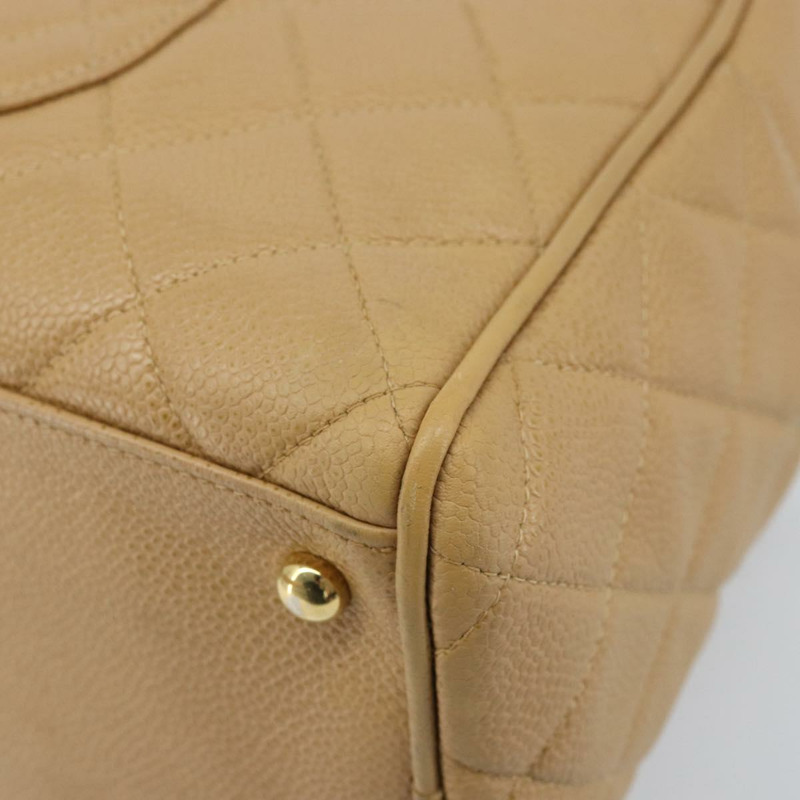 【日本直送】香奈兒 (CHANEL) 絎縫手提包 魚子醬紋牛皮 棕色 金色 CC 標誌 Auth BAZ252A-14